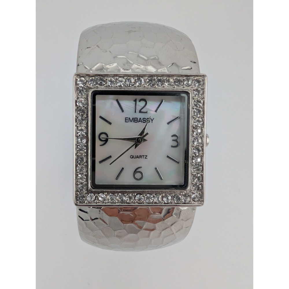 Embassy Watch‎ Women Pave 28mm Silver Tone MOP Dial Open Cuff- New Battery
